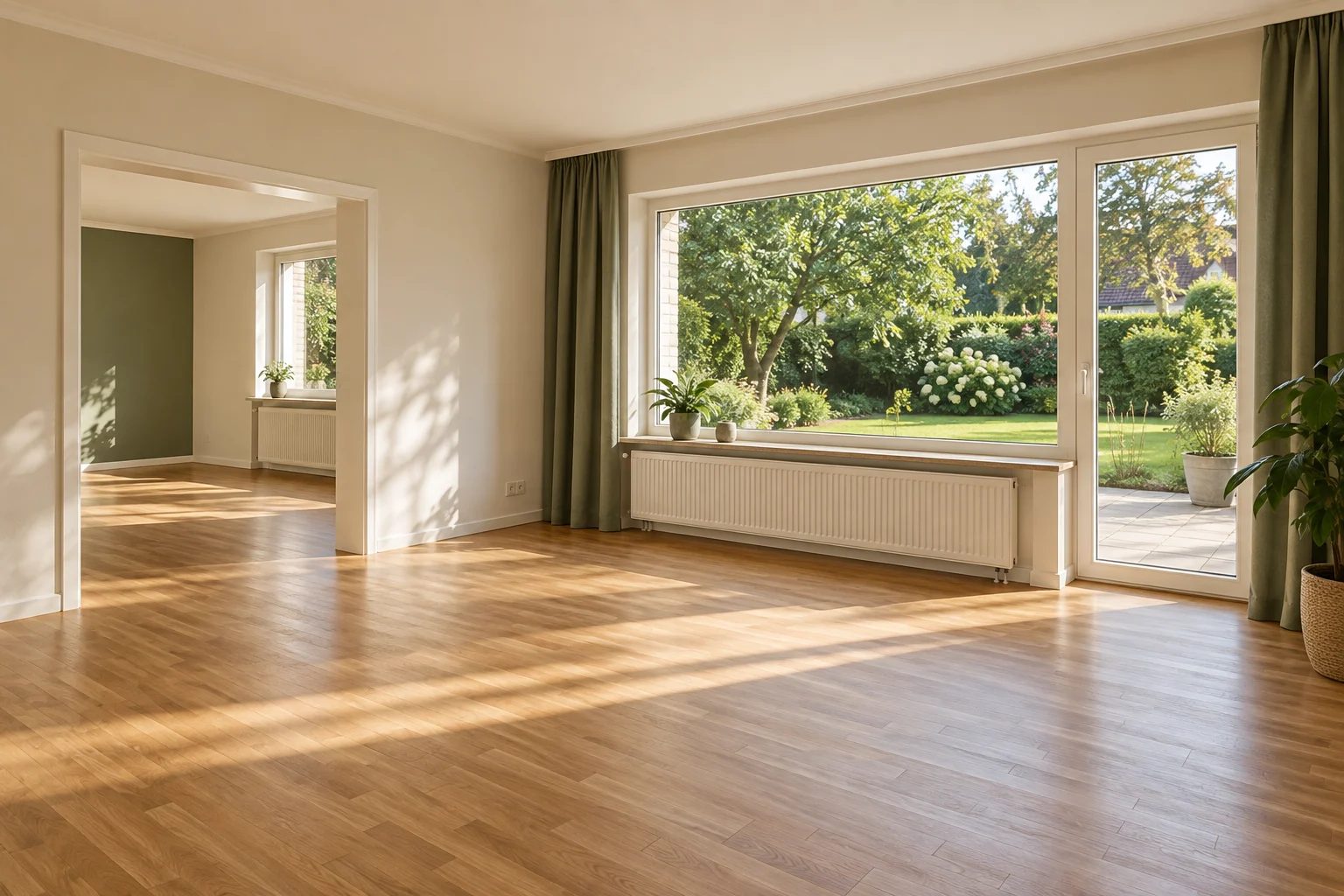 Freier gepflegter Wohnraum mit Tageslicht und Gartenblick für eine neue Wohnnutzung